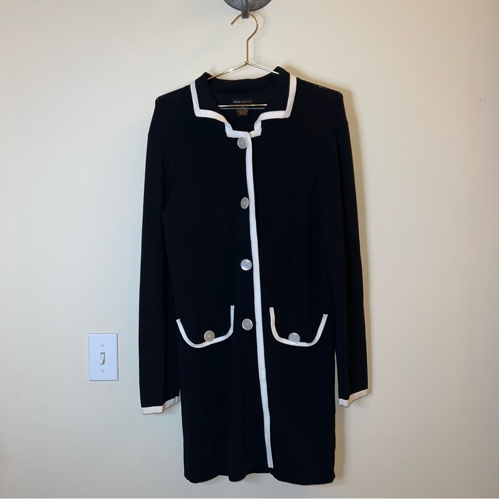 Grace Dane Lewis‎ Black & White Trim Knit Sweater Coat Cardigan Medium